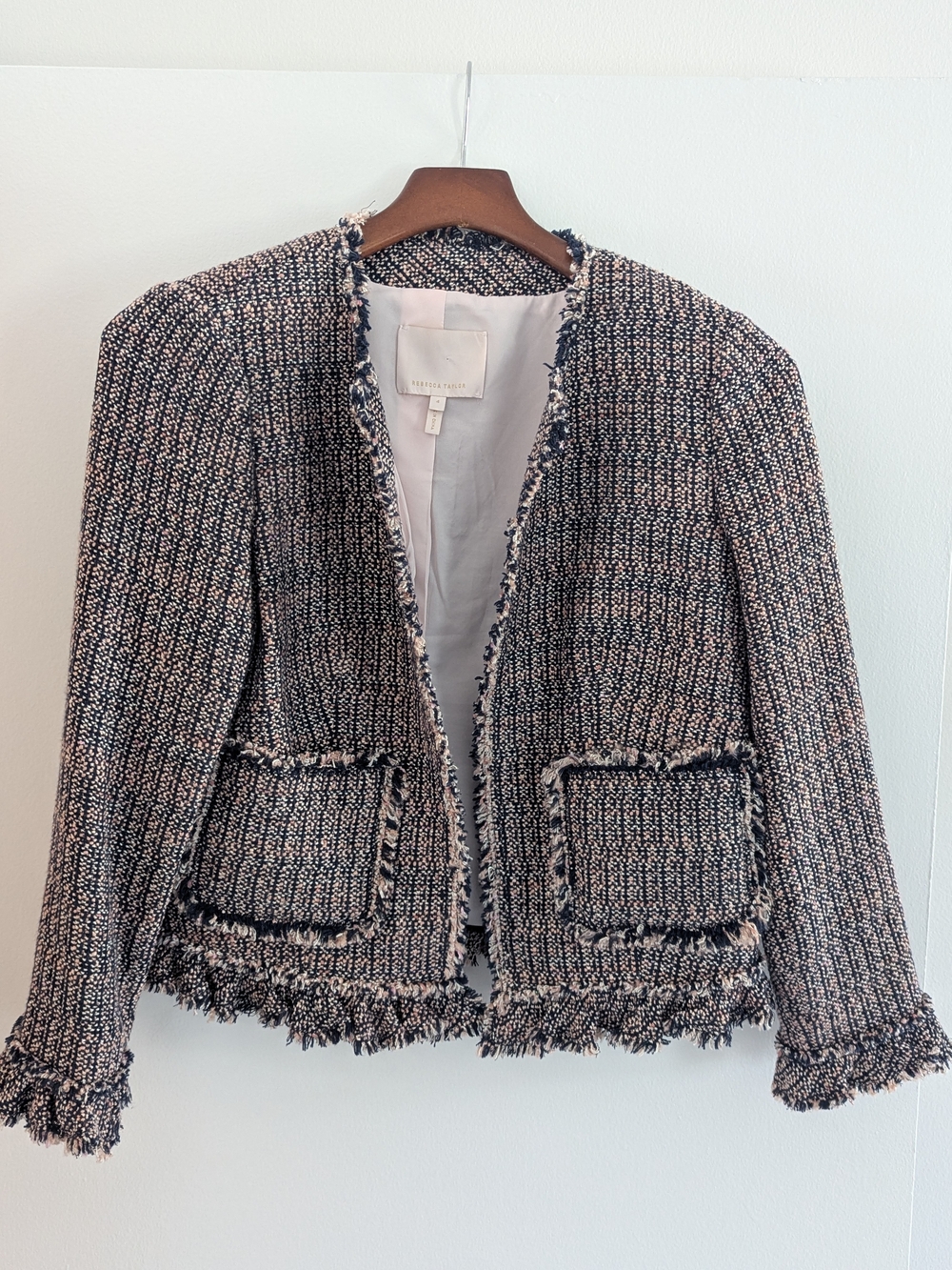 Rebecca Taylor Textured Pink & Navy Fringe Tweed Blazer Size 4